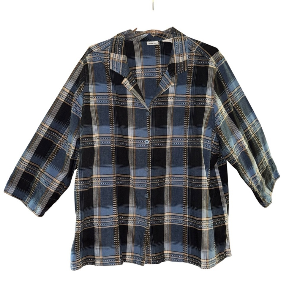 Cabin Creek Shirt 3X Button Down 3/4 Sleeves Embroidered Checkered Blue Tan Blk